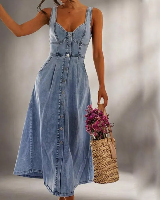 Spaghetti Strap Button Waist-Cinched Denim Dress