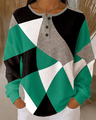 Crew Neck Button Color Block Casual Top