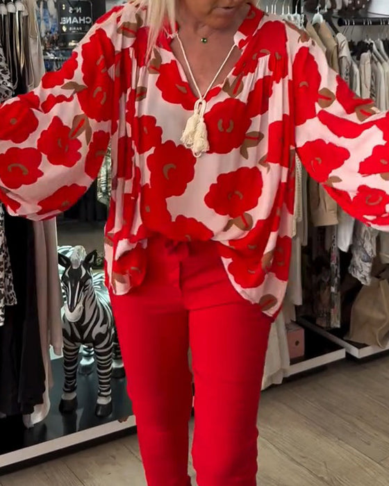 Big Floral Tie V-Neck Blouse