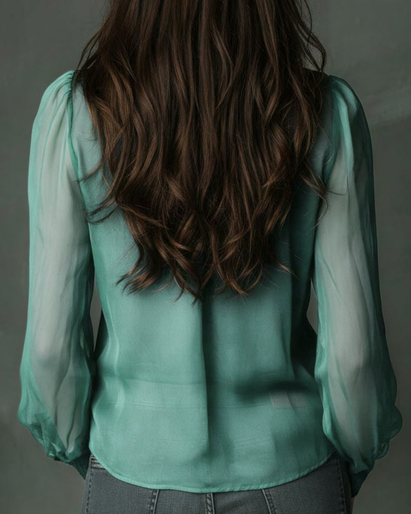 Half-Zip Mesh Long-Sleeve Blouse