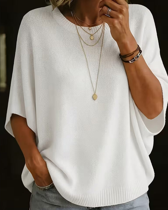 Crew Neck Elbow-Length Sleeve Loose Solid Pullover