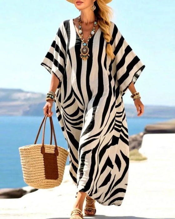 V-Neck Zebra Loose Vacation Dress