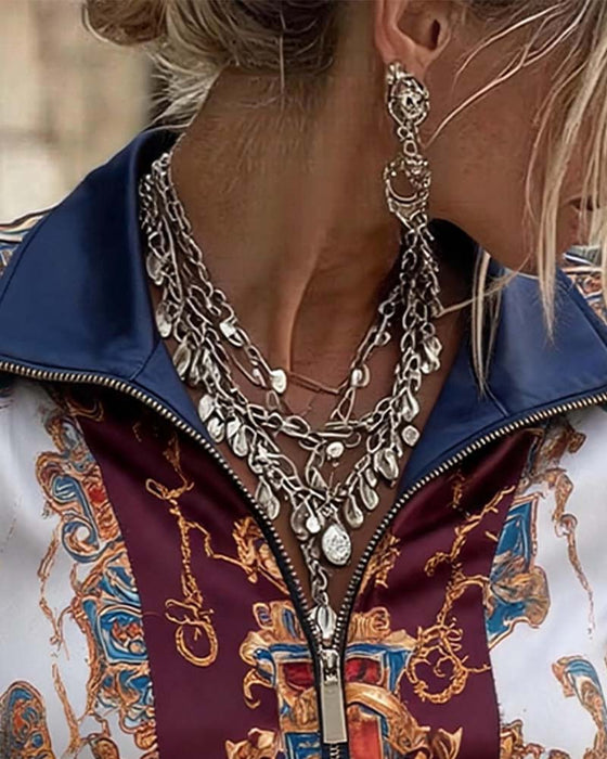 Puff Sleeve Patchwork Printed Zip Top
