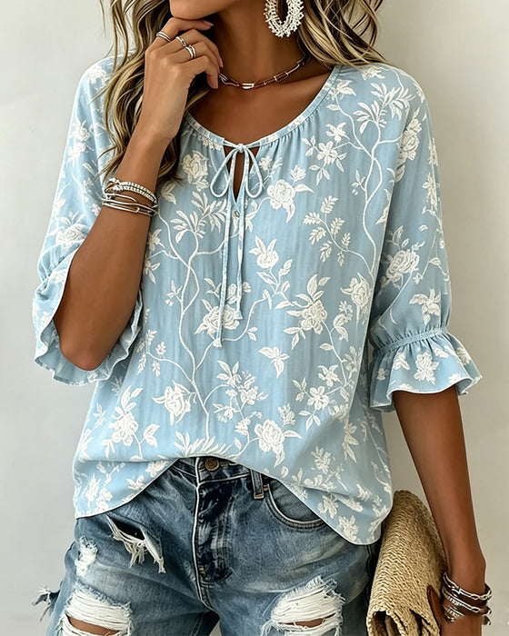 Tie Ruffle Print Blouse