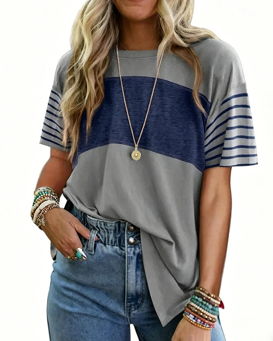 Pullover Striped Color-Block Short-Sleeve T-Shirt
