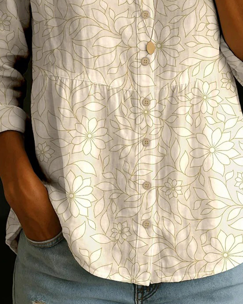 Button-Down V-Neck Printed Blouse