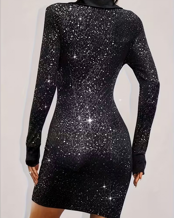 Suit Collar Sequin Patchwork Party Dress