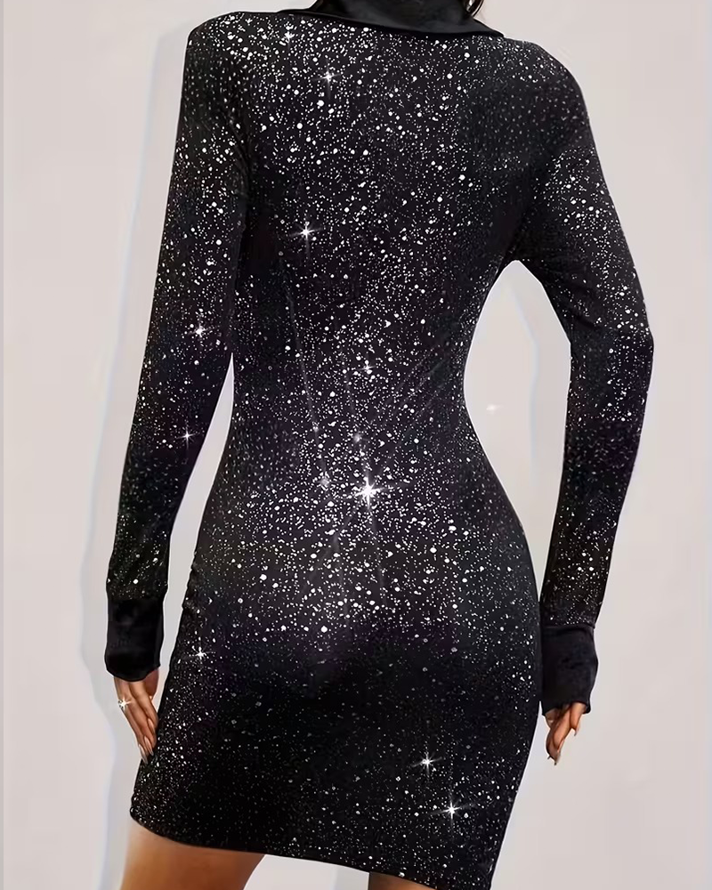 Suit Collar Sequin Patchwork Party Dress