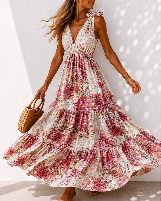 Floral Tie V-Neck Tiered Dress