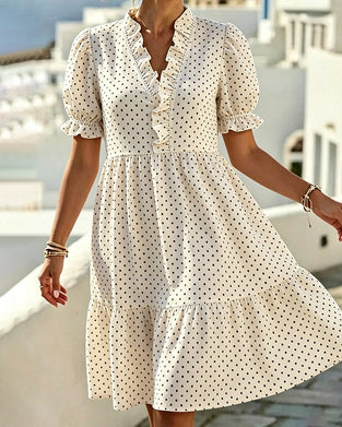 V-Neck Lace Trim Polka Dot Dress