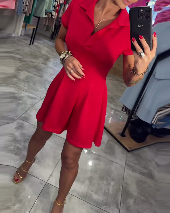 Lapel Short Sleeve Pleated A-Line Dress