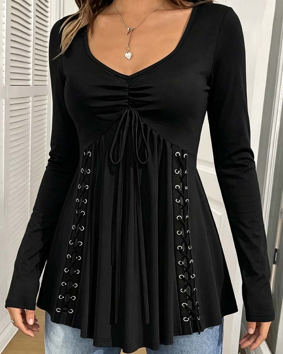 V-Neck Drawstring Long Sleeve Blouse