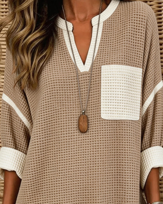 V-Neck Colorblock Loose Top