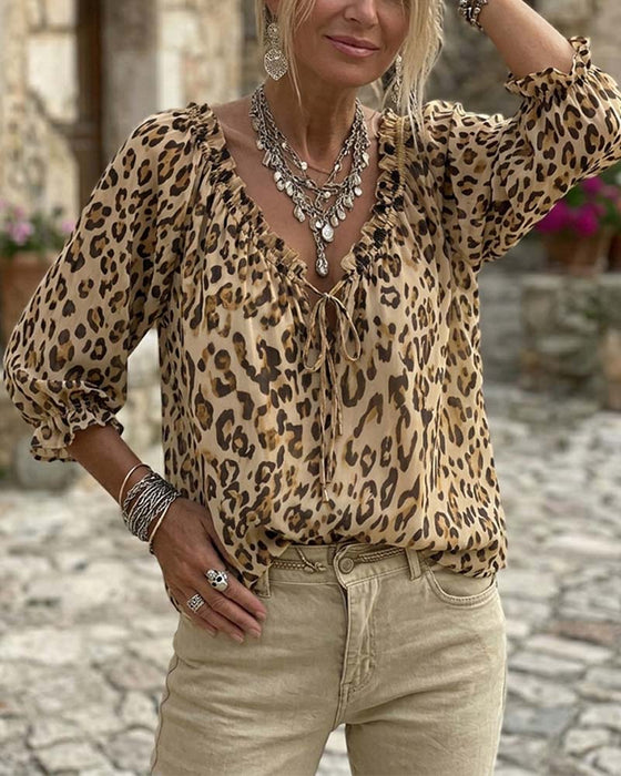 Leopard Print V-Neck Puff Sleeve Lace-Up Blouse
