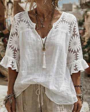 V-Neck Daisy Patchwork Blouse