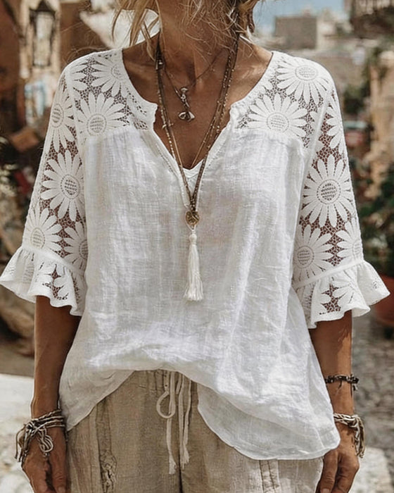 V-Neck Daisy Patchwork Blouse