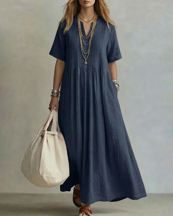 Pleated V-Neck Half Placket A-Line Long Dress