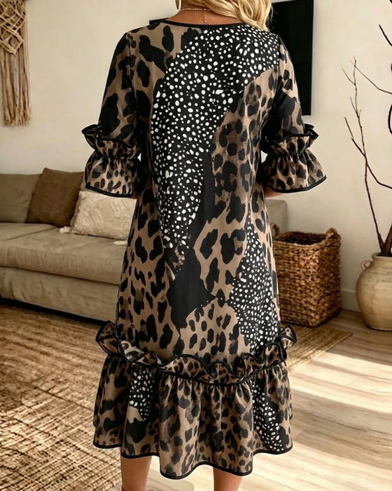 Leopard Patchwork Ruffle Crewneck Dress