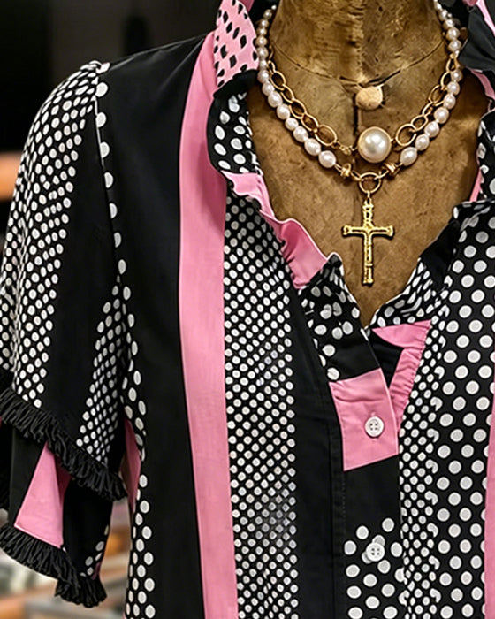 Polka Dot Contrast Patchwork Ruffle Shirt