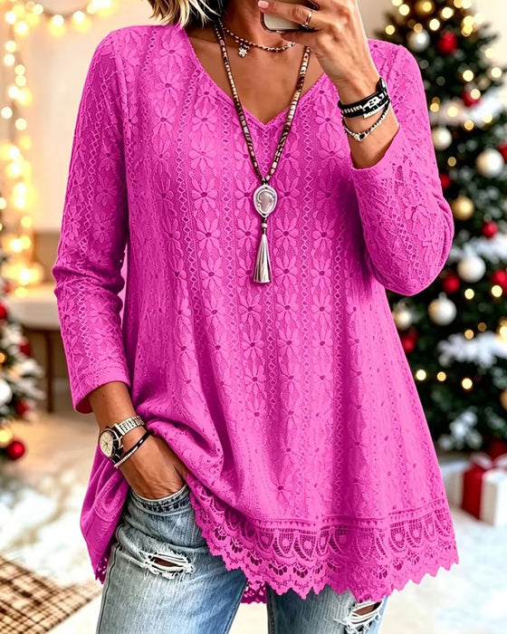V-Neck Lace Patchwork Flare Top