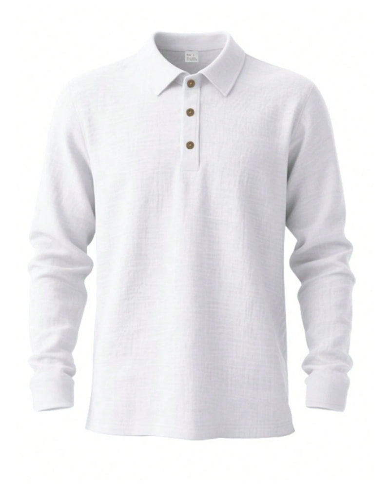 Men's Lightweight Loose Linen Long Sleeve Polo Shirt