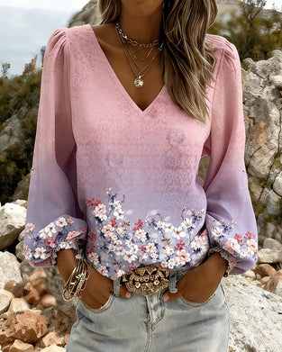 Puff Sleeve V-Neck Gradient Top