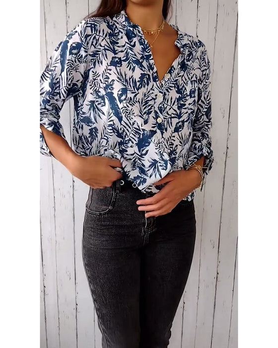 Leaf print V-neck buttoned nine-quarter sleeves casual blouse