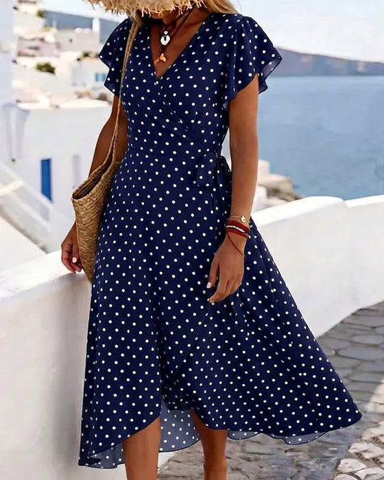 V-Neck Polka Dot Ruffle Waist Dress