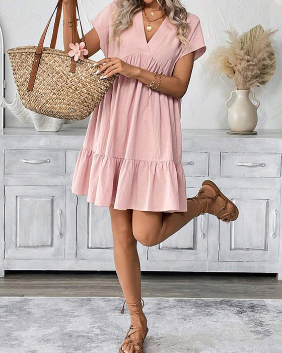 Solid V-Neck Ruffle-Trim Dress