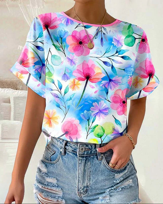 Printed Crew Neck Short Sleeve Blouse
