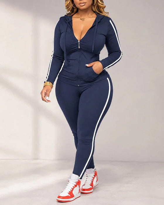 Side Striped Hooded Coat And Sweatpants Sets