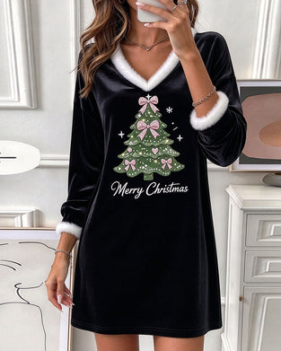 V-Neck Furry Collar Christmas Tree Long Sleeve Dress