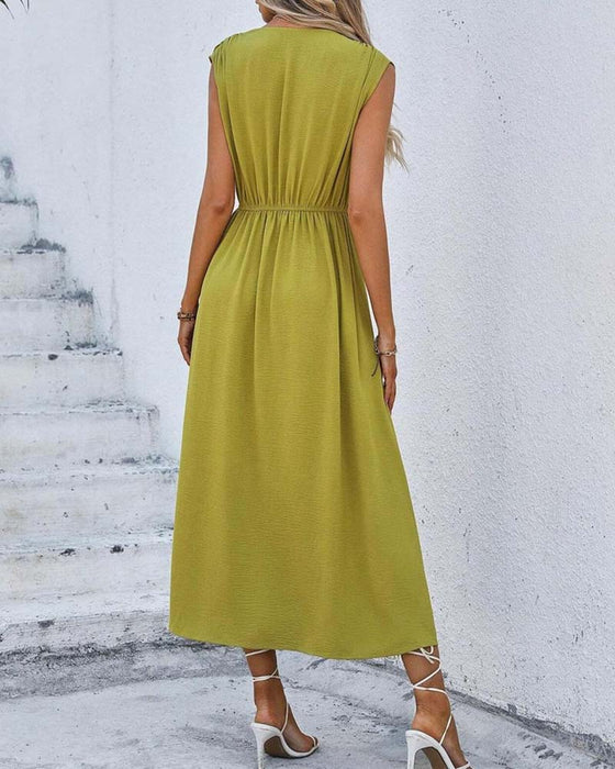 Solid Color Cinched Waist Tie Dress