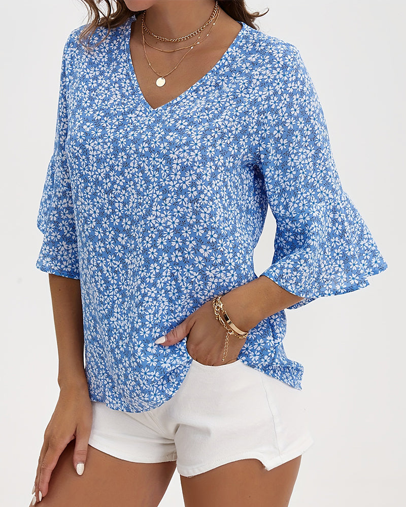 V-Neck Floral Butterfly Sleeve Blouse