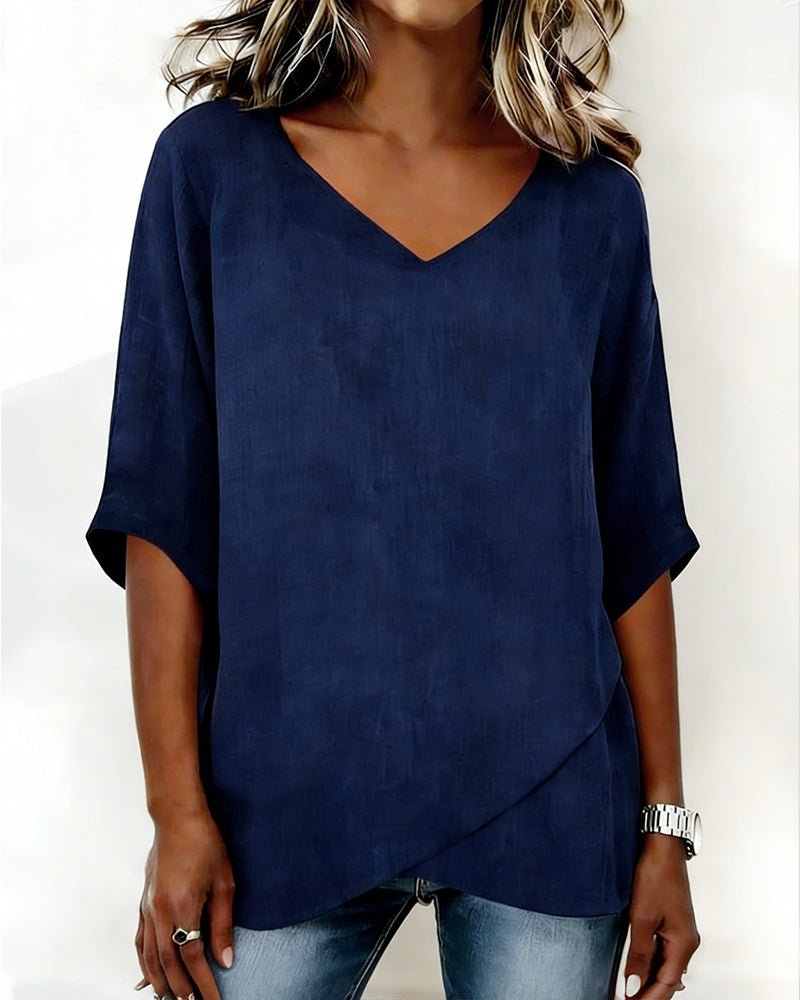 Irregular Hem Solid Color V-Neck Top