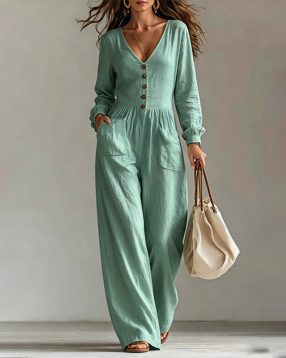 Casual Pocket Long Sleeve Jumpsuit
