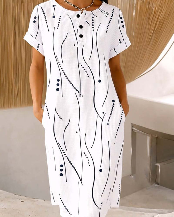 Crew Neck Button Line Waffle Dress
