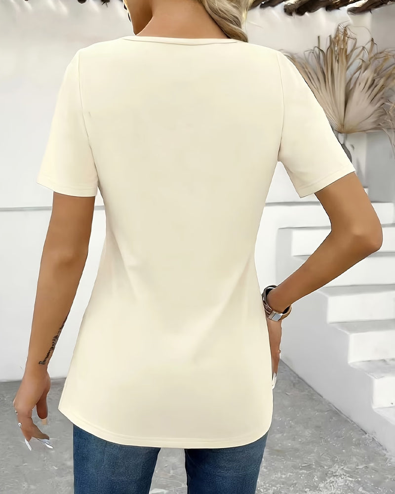 Lace Panel Short Sleeve Beaded Button Blouses