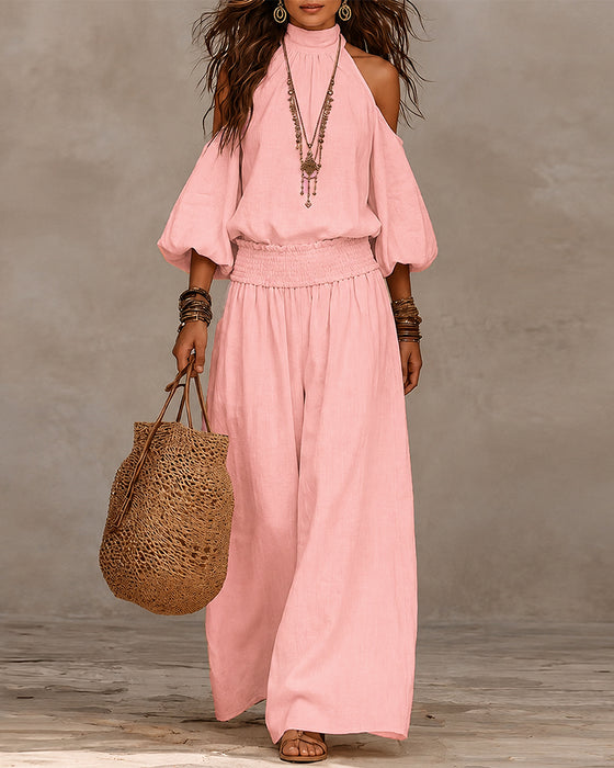 Off-Shoulder Long Sleeve Shirred Pants Set