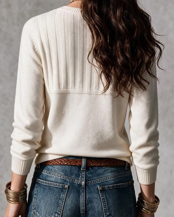 Crew Neck Stripe Button Front Solid Knit Pullover