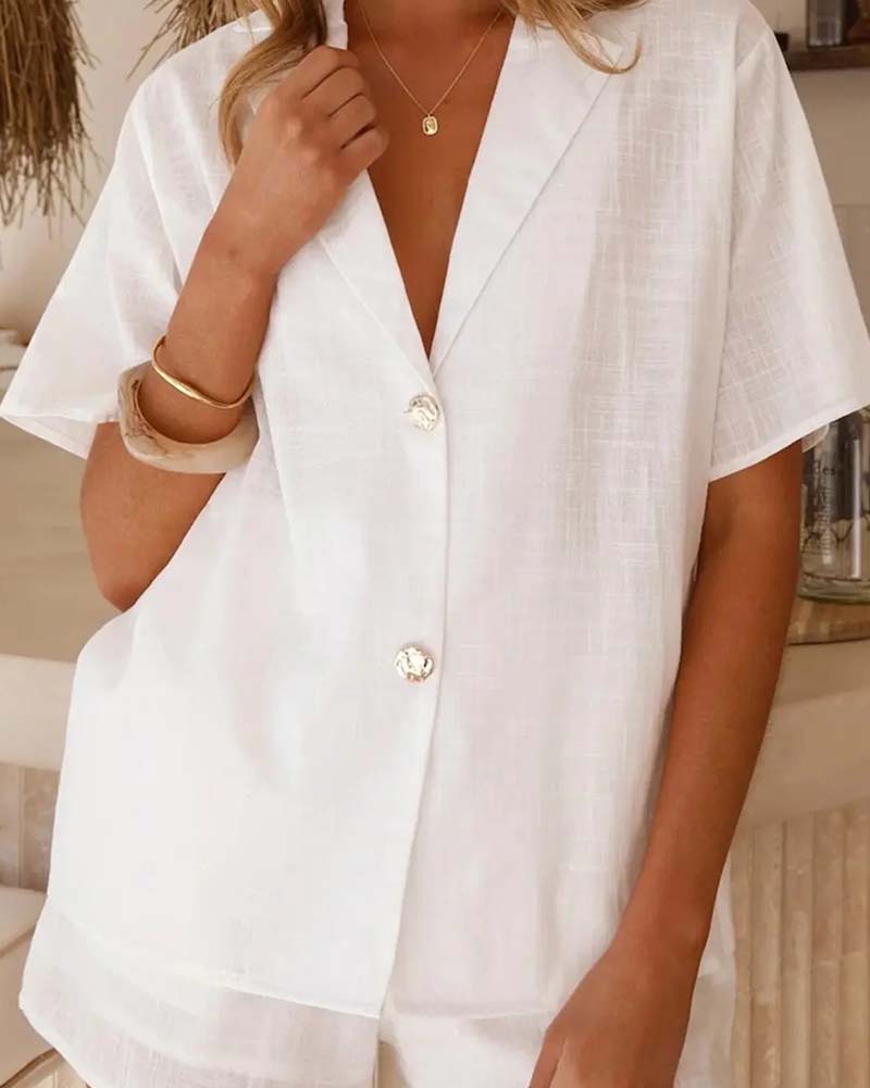 V-Neck Buttoned Casual Set