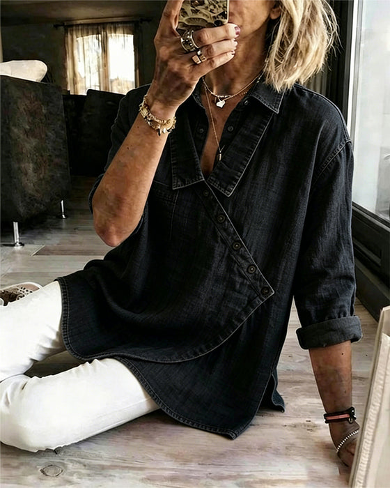 Solid Diagonal Button Lapel Long Sleeve Blouse