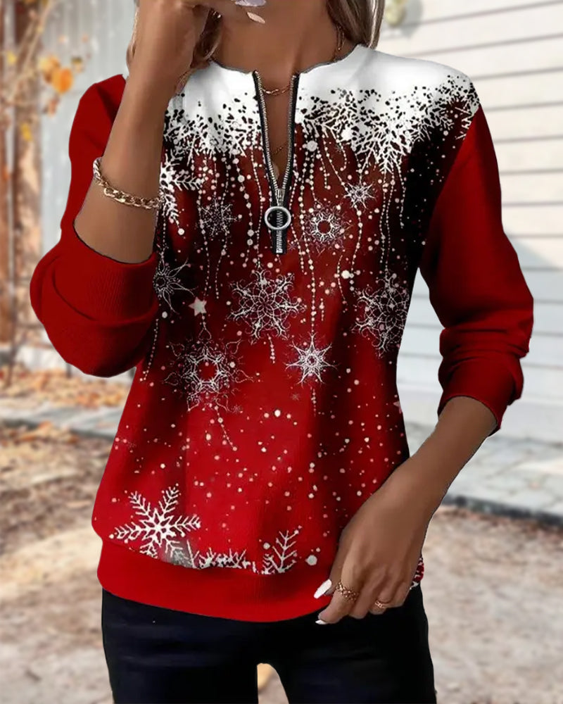 Half-Zip Snowflake Round Neck Sweatshirt