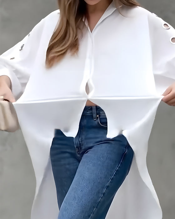 Loose Hollow Out Button Irregular Blouse