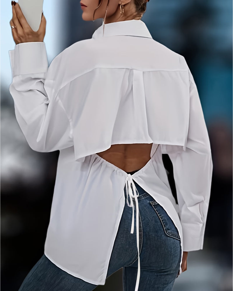 Open Back Tie Detail Asymmetrical Long Sleeve Blouses