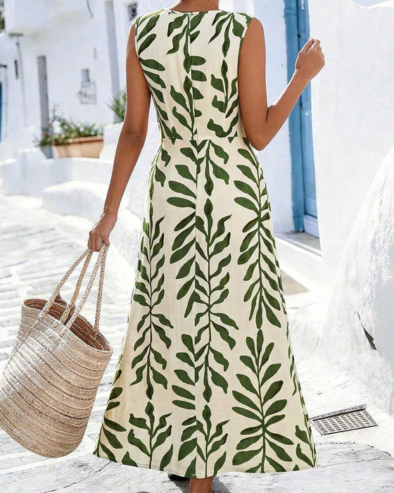 Green Leaves Waist-Cinching Sleeveless Dress