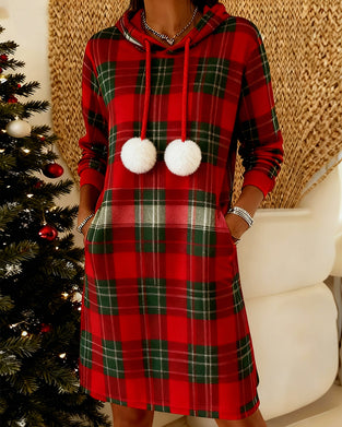 Hooded Pom-Pom Plaid Dress