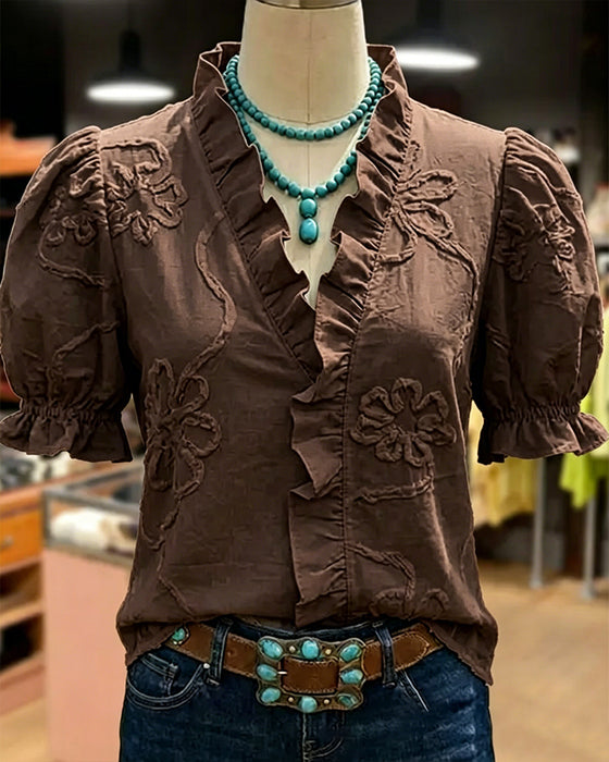 V-Neck Ruffle Trim Puff Sleeve Blouse