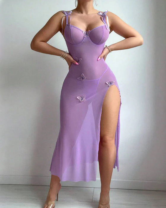 Mesh Butterfly High Slit Suspender Dress