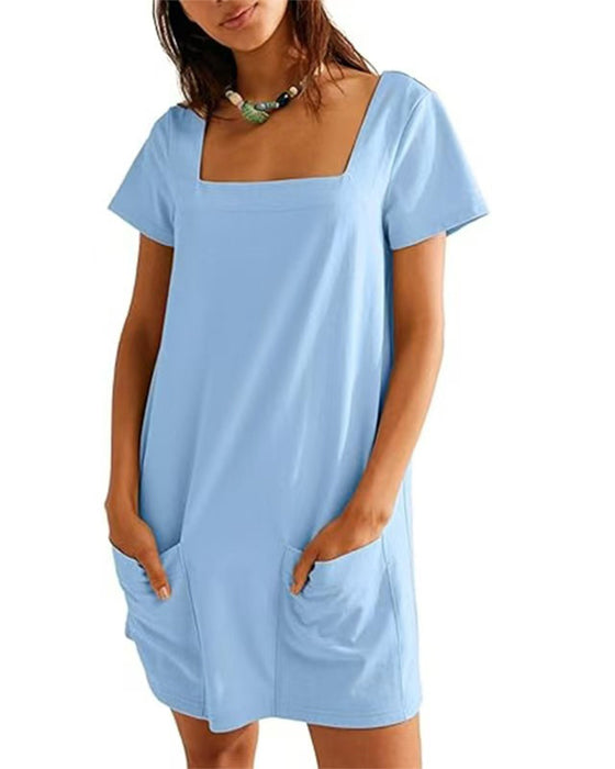 Square Neck Short-Sleeved Pocket Dress